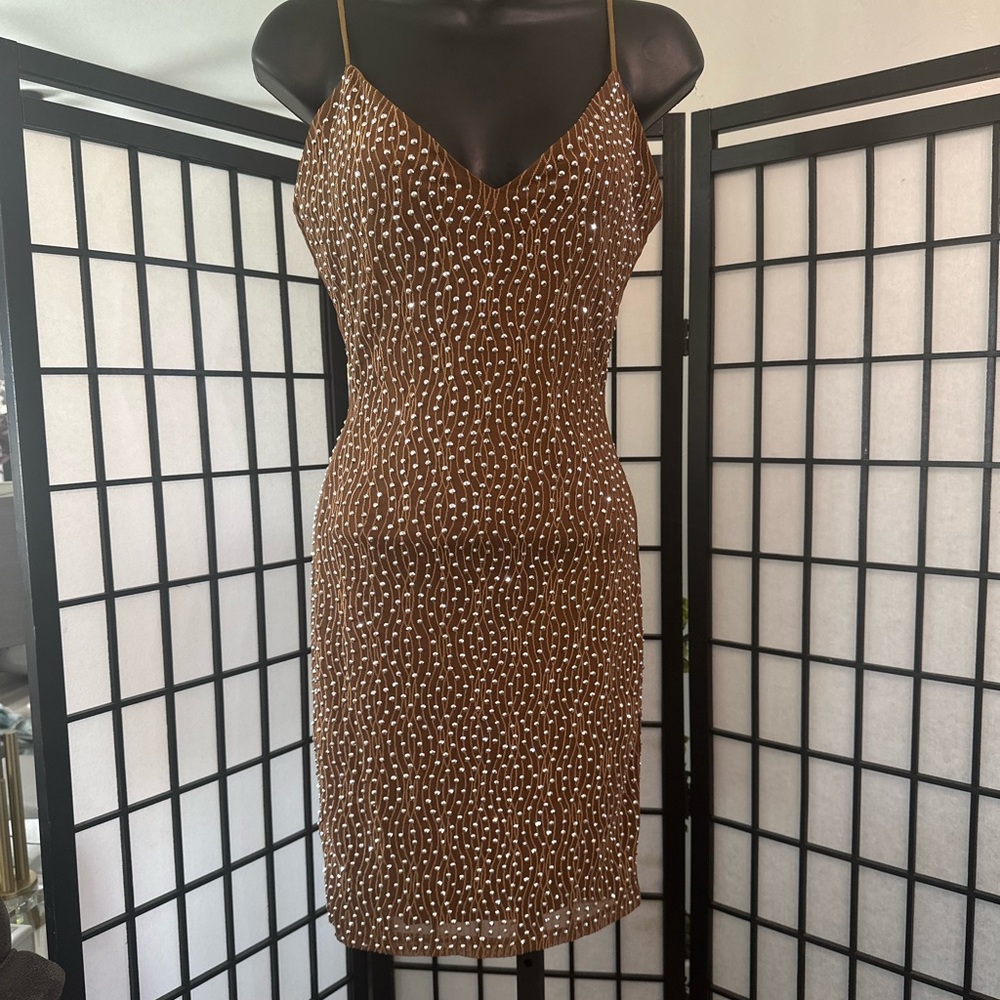 Twisted Brown Slip Dress with White Dot Wave Print